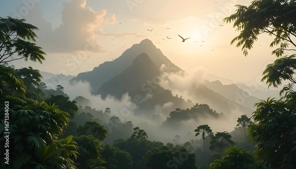 Fototapeta Misty Mountain River Cascade: Ethereal Landscape of a River Flowing Through Rocky, Misty Mountains with a Small Cascade and Turquoise Pools.