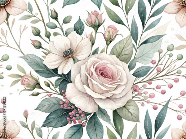 Fototapeta Watercolor floral bouquet with pink roses and white flowers on black image