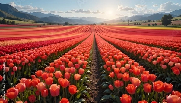 Fototapeta Vibrant Red Tulip Fields: Stunning Sunset Landscape of Endless Rows of Blooming Tulips Leading to Distant Mountains Under a Warm, Colorful Sky.