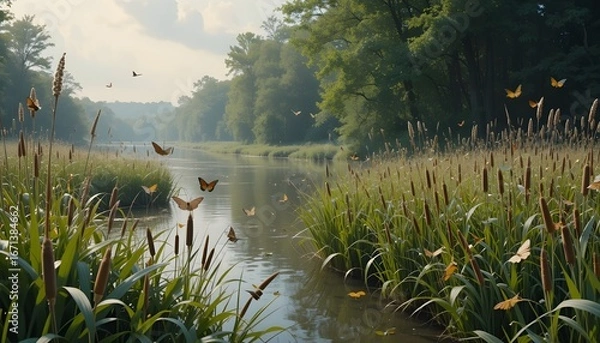 Fototapeta Ethereal Morning River: Soft, Misty Landscape of a Still River Surrounded by Greenery and Tall Grasses, with Butterflies and Insects Fluttering in the Air.