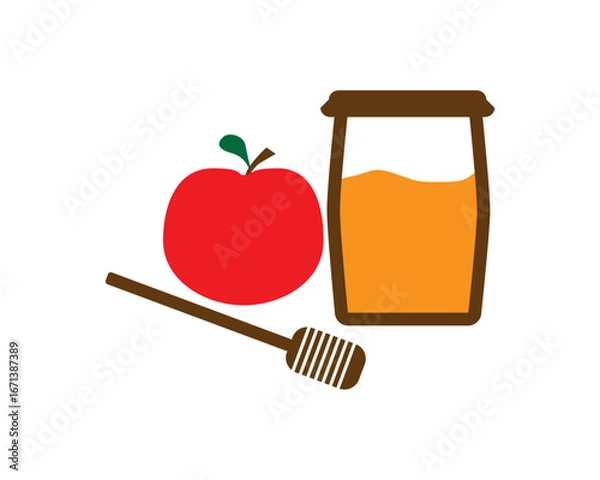 Fototapeta Red apple, honey jar and honey dipper flat illustration on White background