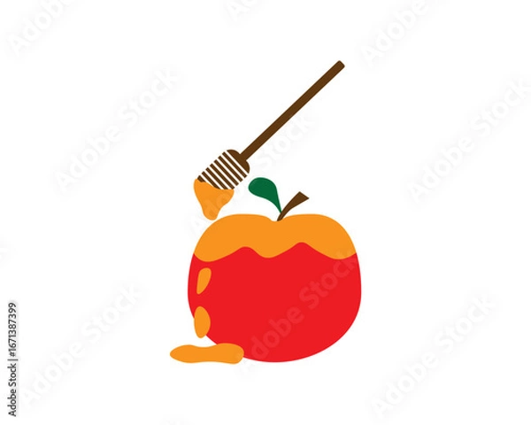 Fototapeta Red apple with honey drips and honey dripper, flat illustration on White background