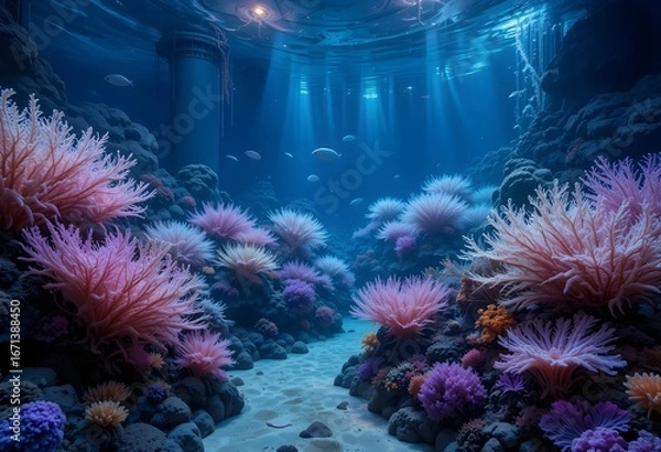 Fototapeta : Colorful Coral Reef with Pink Sea Anemones and Sunlight