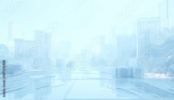 Fototapeta 3d light blue background with row of glass transparent square plates. Abstract curve wave line pattern. Crystal array of geometric block shapes render. Futuristic design digital tech