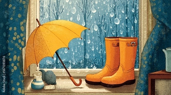 Obraz Happy Rainy Day card boots umbrella raindrops falling on window cozy interior no people