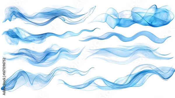 Fototapeta Set of blue smoke trails isolated on transparent background