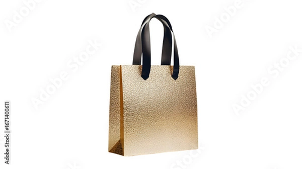 Fototapeta Stylish golden shopping bag with elegant ribbon handles isolated on transparent background