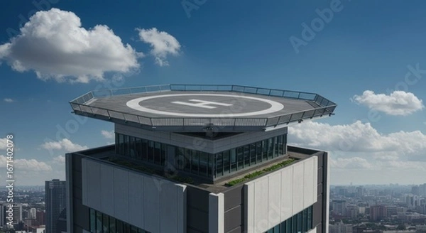 Fototapeta Helipad atop a modern skyscraper, with a cityscape visible in the background under a blue sky with scattered clouds.