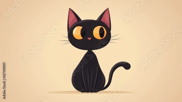 Fototapeta A cute black cat with bright yellow eyes sits happily, showcasing its playful nature in a whimsical cartoon design against a soft backdrop