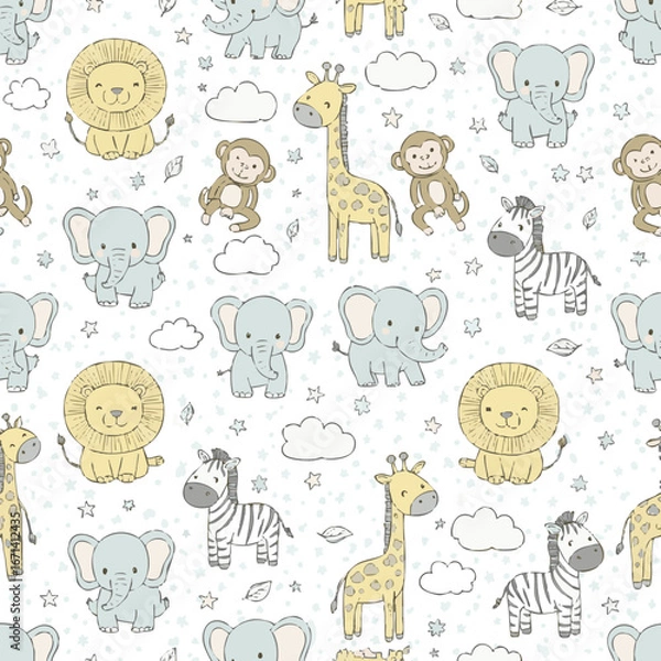 Fototapeta Baby hand drawn design for textile, posters, cards. Baby animals pattern. Fabric baby design.. Vector illustration with cute animals. Nursery baby pattern illustration