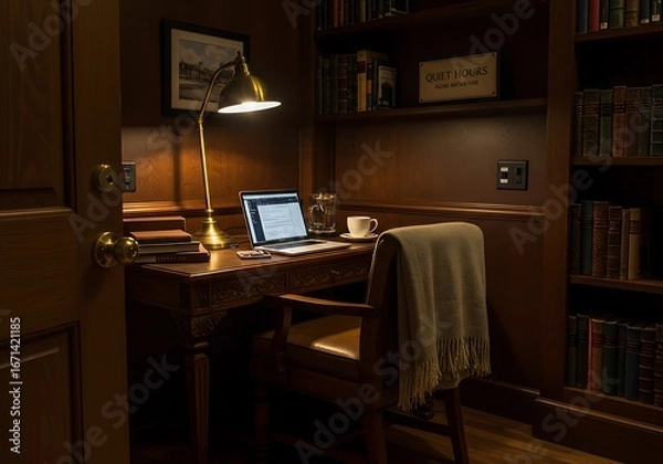 Fototapeta Cozy home office interior with a laptop, books, and a warm light from a desk lamp, creating a comfortable workspace.