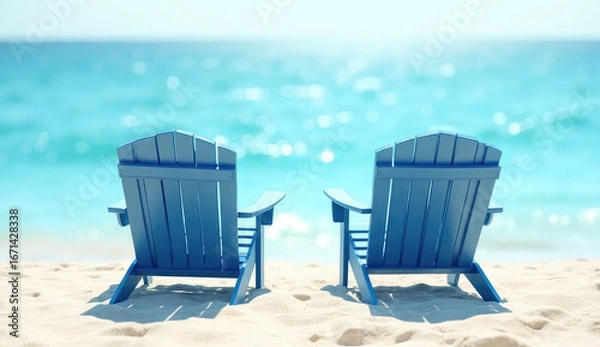 Fototapeta Retirement dreams and investment strategies symbolized by empty blue beach chairs with an ocean backdrop. 