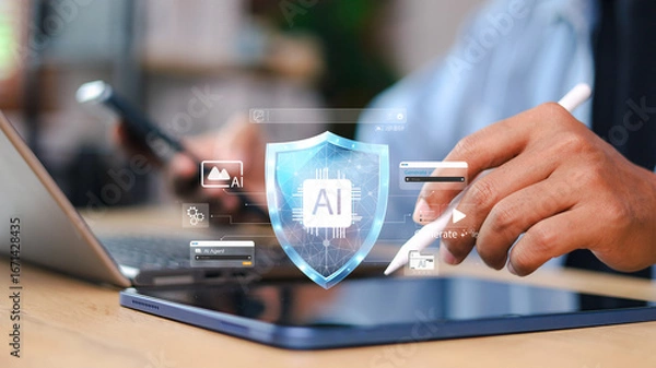 Fototapeta Business person using tablet with virtual AI agents interface overlay. Concept of artificial intelligence, automation, machine learning, chatbot, and digital transformation.