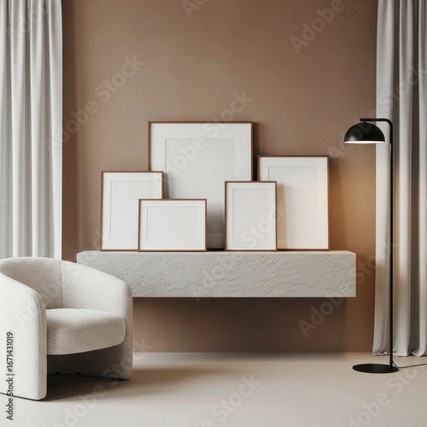 Obraz Five mockup poster frames displayed on a textured white floating shelf in a minimalist modern interior with beige walls, a black floor lamp, and a cozy white armchair 