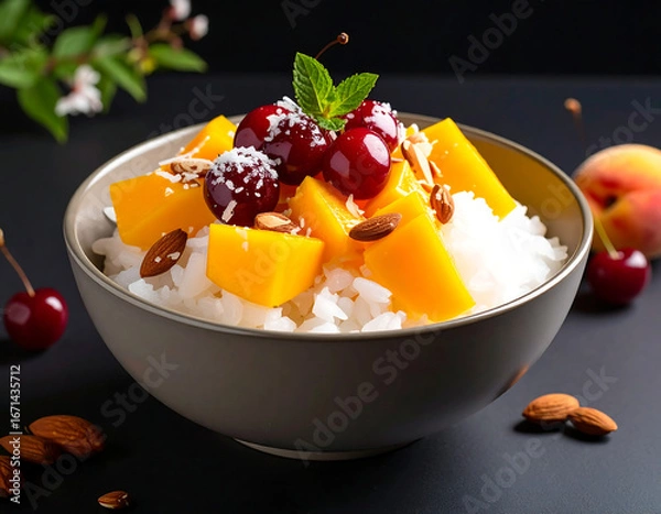 Obraz Bowl of rice with mango cherries and almonds