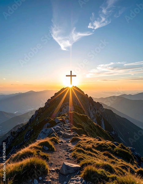Obraz Cross on mountaintop sunrise