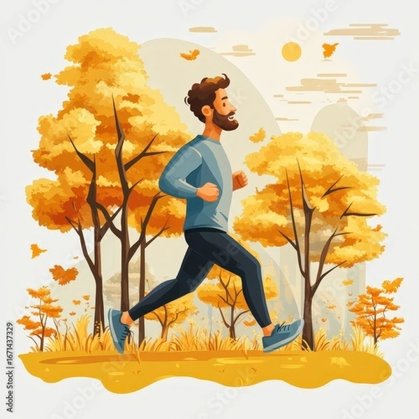Fototapeta Vibrant Autumn Run: Smiling Man Exercising Amidst Golden Trees and Falling Leaves