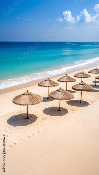 Obraz Beach scene with straw umbrellas
