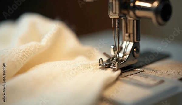 Fototapeta Close up of a sewing machine needle stitching beige cloth, showcasing the process of garment creation or fabric repair
