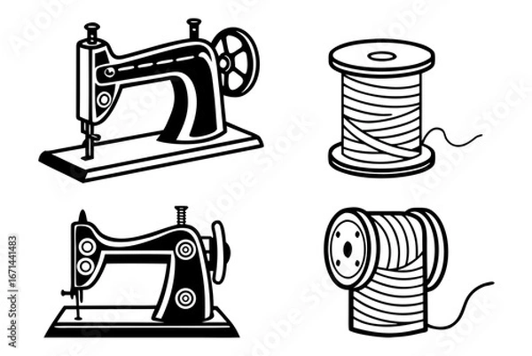 Obraz Vintage Sewing Machine and Thread Spool Icons.