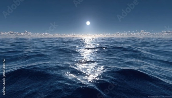 Obraz Vast ocean expanse under a bright sun.  Tranquil, deep blue waters stretch to horizon, dotted with small waves.  A bright sun is high in the sky, with scattered clouds near the horizon