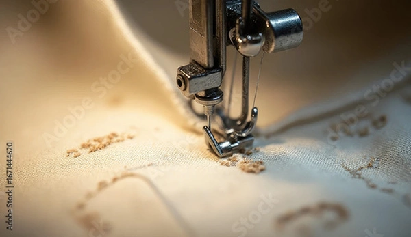 Fototapeta Close up of a sewing machine needle stitching beige cloth, showcasing the process of garment creation or fabric repair