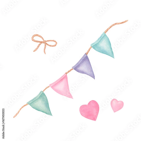 Fototapeta Multicolored flags and decorative elements in the form of hearts, highlighted on a white background in pastel tones. Watercolor illustration for decor, clothes, sticker, greeting cards, invitations.