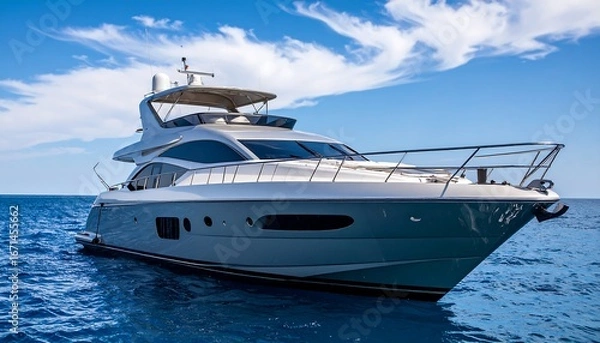 Obraz Sleek, silver motor yacht floats on calm blue sea under a bright sky