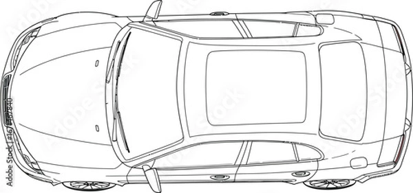 Fototapeta Top view schematic line drawing of a modern convertible car with the roof down showcasing its sleek design and automotive engineering isolated on transparent background