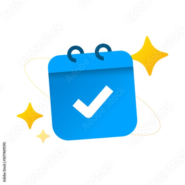 Fototapeta Modern gradient illustration of a calendar with check mark and glowing sparkles. completed schedule, confirmed appointment, successful planning, task done, and deadline achieved