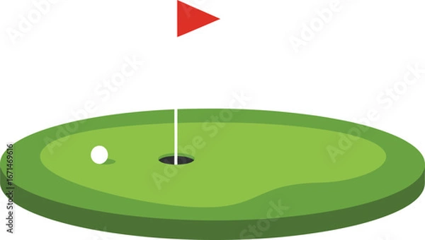 Fototapeta A vibrant green golf putting green with a red flag on a white pole marking the hole on a clear sunny day isolated on transparent background