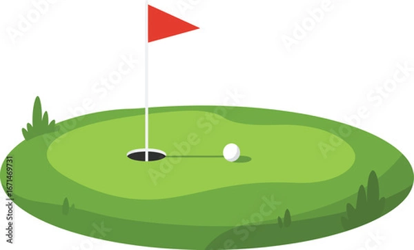 Fototapeta A realistic illustration of a golf hole with a flag cup and ball on a green putting surface isolated on transparent background