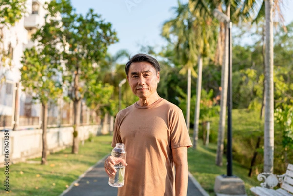 Fototapeta Portrait of Asian elderly man drinking water while running in garden.