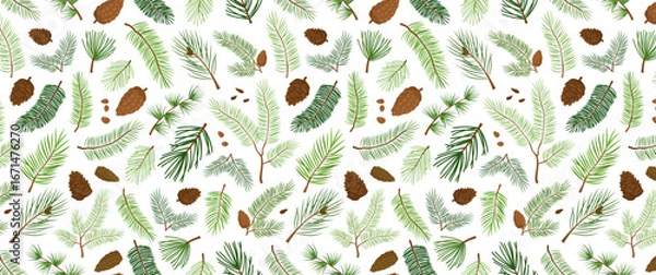 Fototapeta Pine cone seamless pattern, winter fir branch background, Christmas tree bg, holiday cedar, evergreen needle spruce, New Year nature texture. Cartoon Xmas abstract green decor. Vector illustration