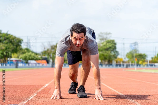 Fototapeta Caucasian young man athlete running exercise on a track at the stadium. 