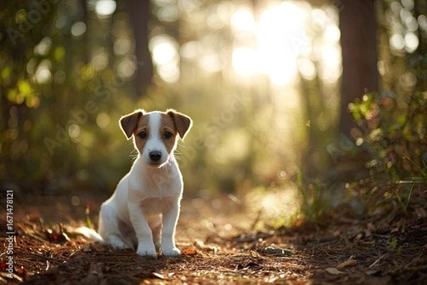 Obraz Puppy sits on forest path, golden light