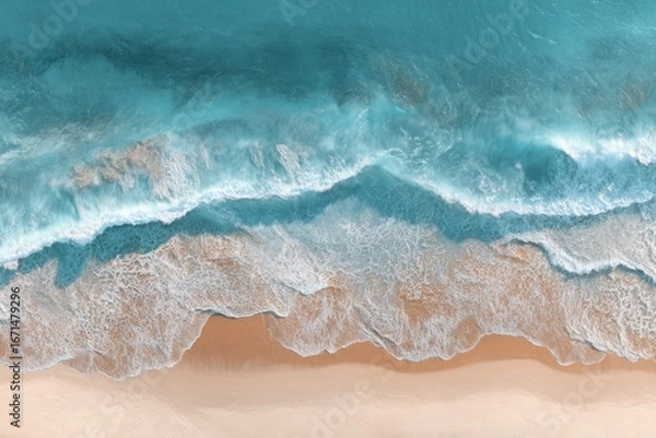 Obraz High-angle view of turquoise waves crashing on a light beige beach