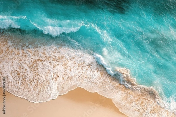 Obraz High-angle view of turquoise waves lapping sandy shore