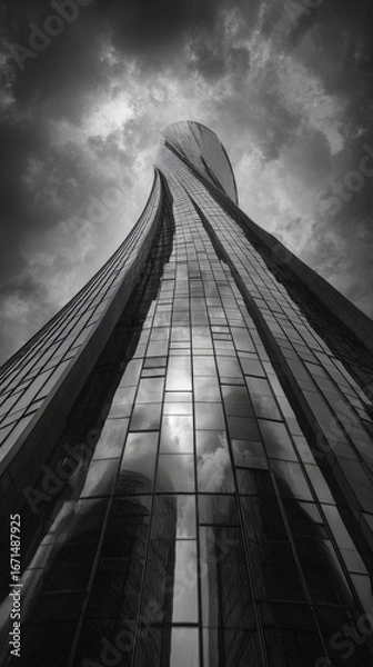 Fototapeta Modern skyscraper on World Architecture Day  cinematic lowangle photo