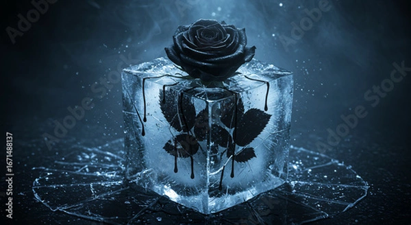 Fototapeta Black rose breaking through ice cube, cracked frosted textures, surreal dramatic scene