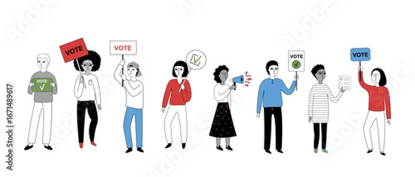 Fototapeta Vector illustration of diverse people holding vote signs, ballots and megaphones, minimalistic flat design on white background.