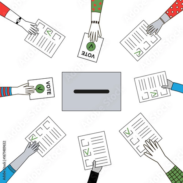 Fototapeta Minimalist vector illustration of hands holding ballots with ballot box on white background.