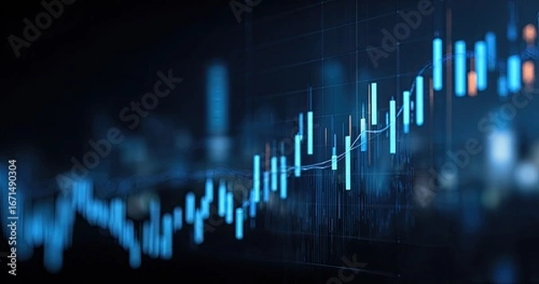 Fototapeta Abstract financial chart, showing a fluctuating trend, over a blurred cityscape background