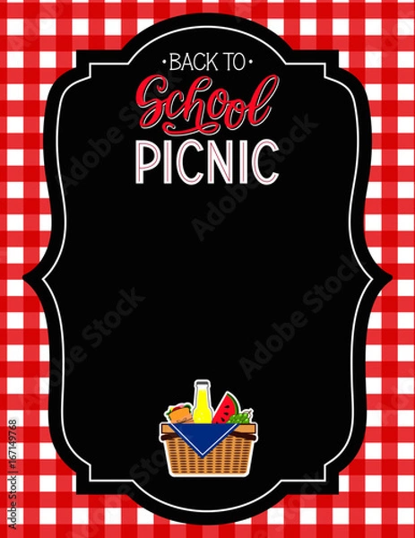 Fototapeta Back to School picnic announcement template. Chalkboard background with picnic basket. vector.