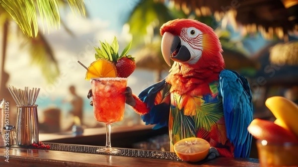 Fototapeta A scarlet macaw enjoying a tropical cocktail at a beachside bar with straw and fruit garnish