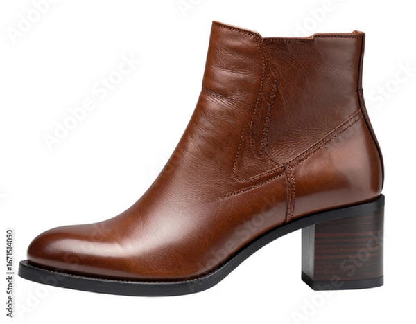 Fototapeta “Single Brown Leather Ankle Boot in Side View, isolated on a transparent background”.