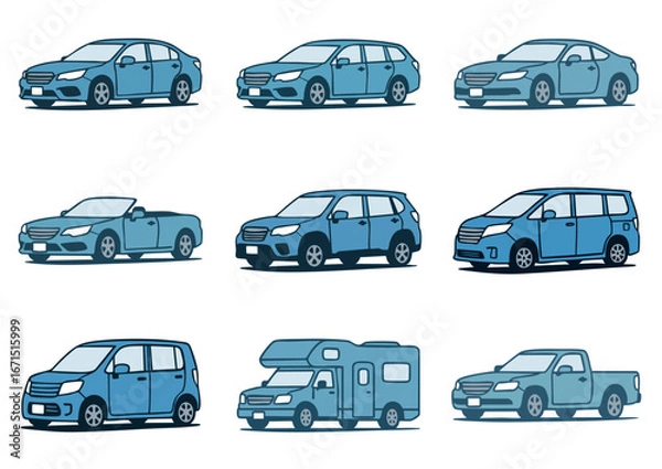 Fototapeta 色々な車種のイラストセット・乗用車・軽自動車・SUV・コンパクトカー