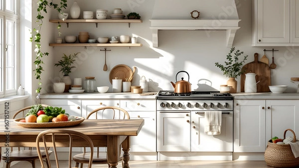 Fototapeta シンプルでナチュラルな白いキッチンインテリアのイメージ画像