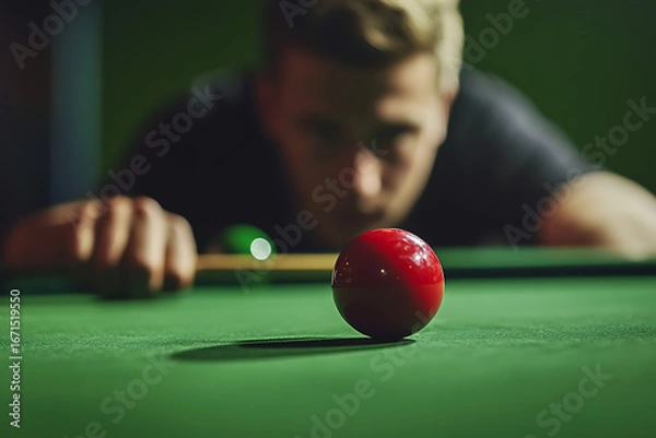 Fototapeta Young man playing pool on a green snooker table with cue stick and balls during a game in a pub setting