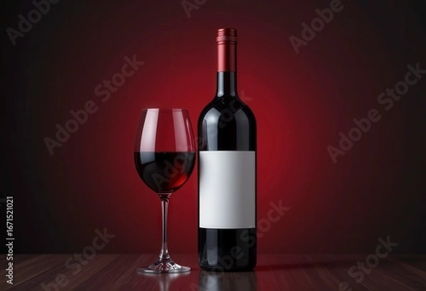 Fototapeta A wine glass and bottle displayed elegantly on a wooden surface